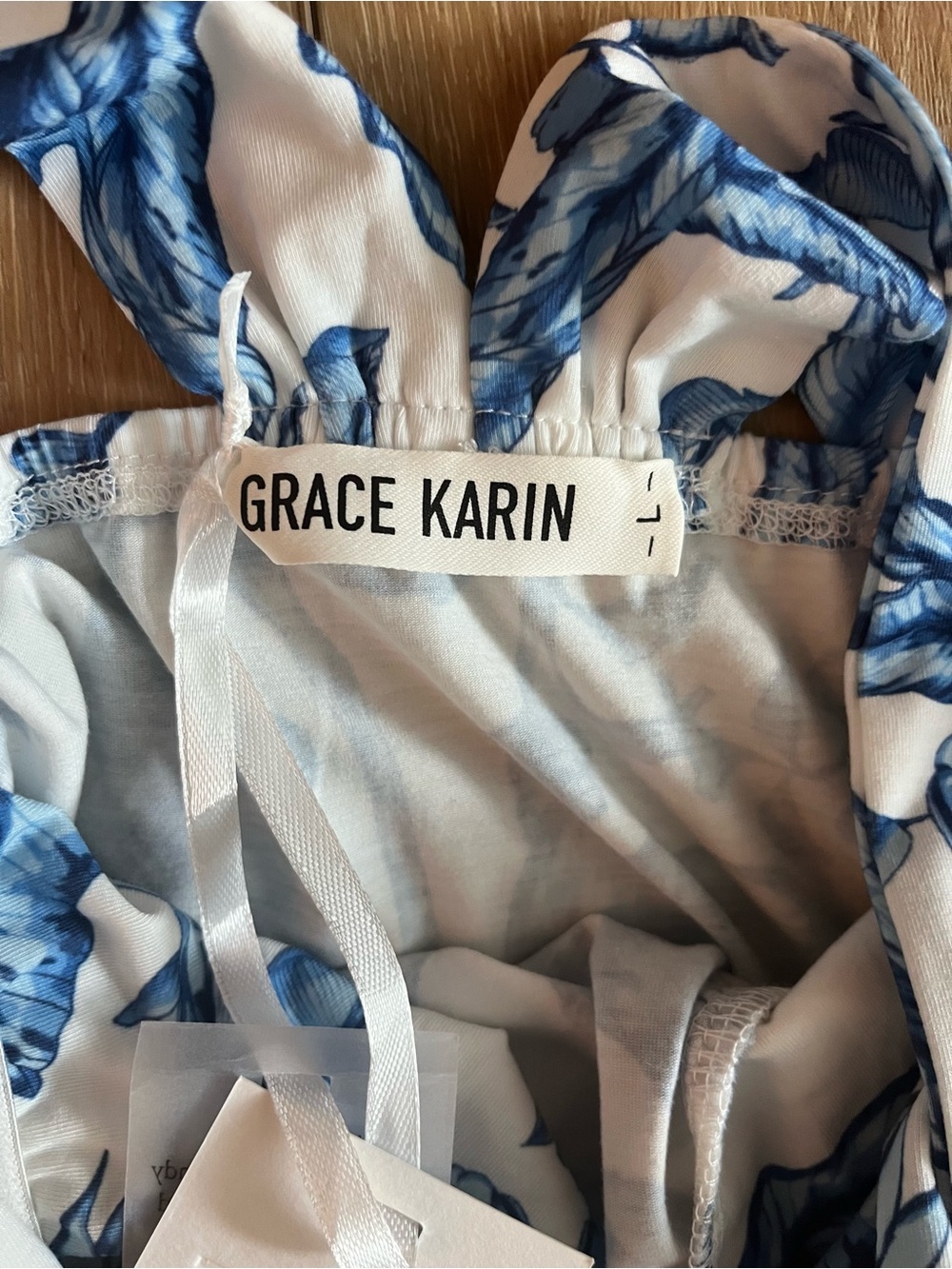 Grace Karin White Strapless Maxi Dress with Blue Floral Print (Size L) - Picture 3 of 6